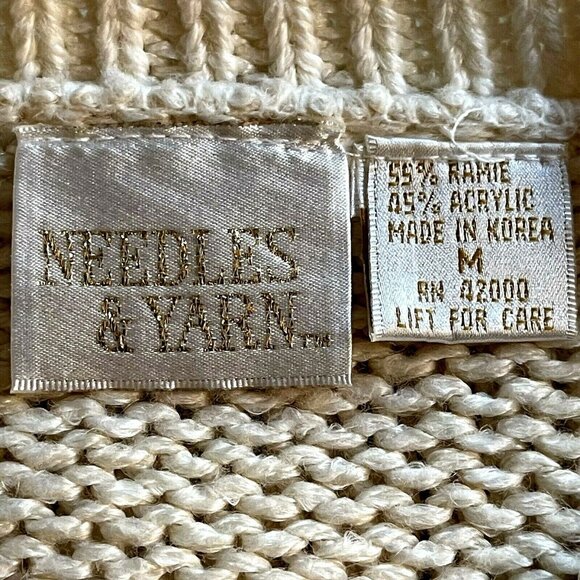 VTG Needles & Yarn Patchwork Knit Ramie Blend Sweater Beige/Brown Shoulder Pads - Picture 5 of 10